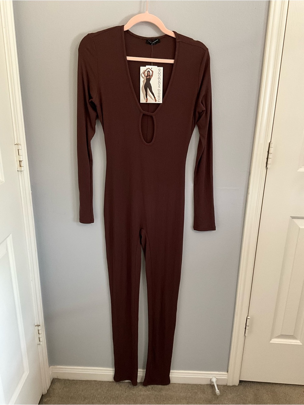 naked wardrobe Brown Long-Sleeve Scoop-Neck Jumpsuit